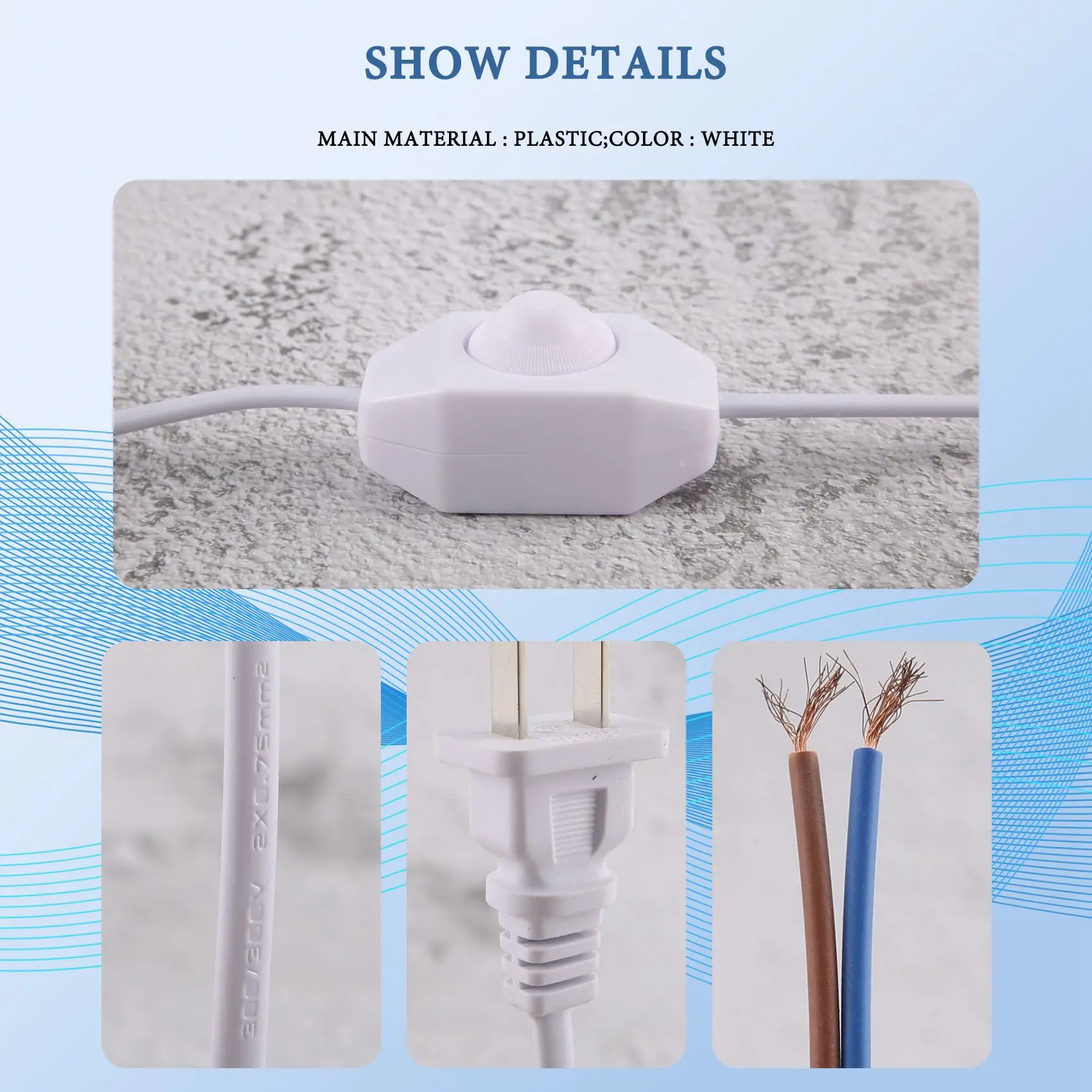 Cable de alimentación de lámpara blanca con interruptor de atenuación CA 250V/110V enchufe estadounidense