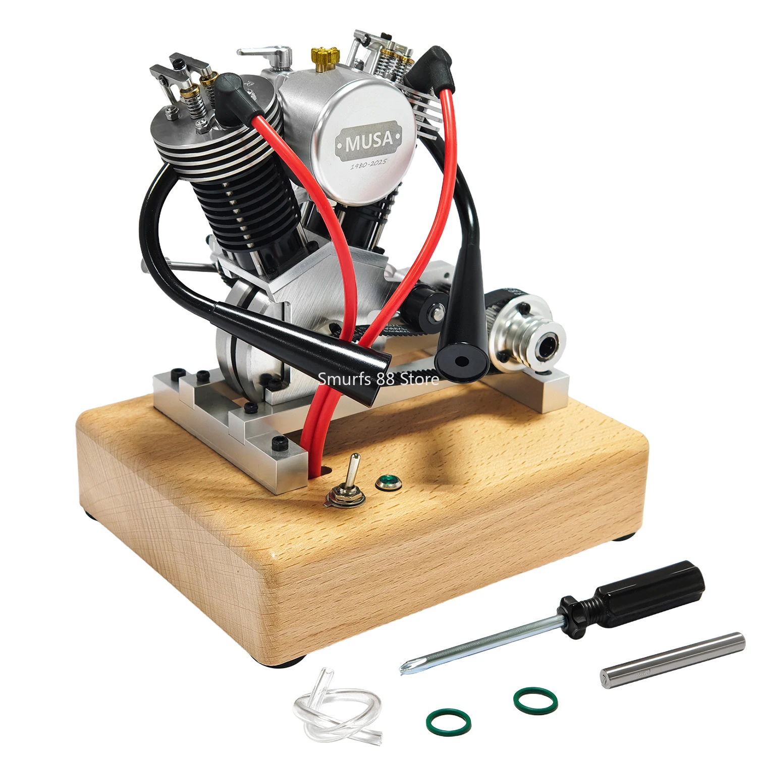 

MUSA V2 Engine Model Metal Two Cylinder Four Stroke Internal Combustion Engine Model with Wooden Base Pedal Starter CNC Toys