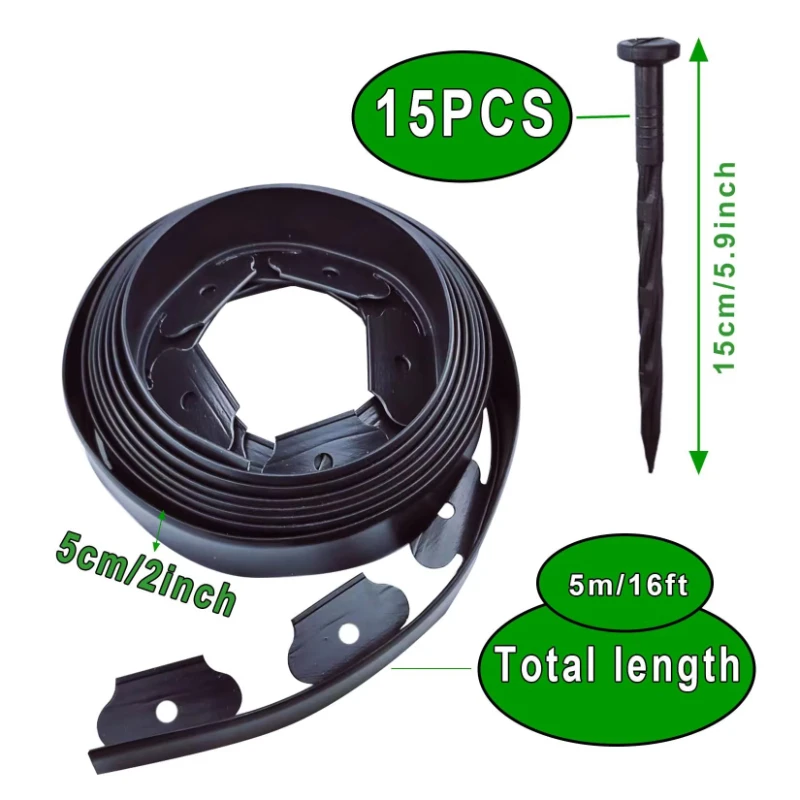 1set Flexible Lawn Edging, Plastic Garden Edging Border with 15 Strong Securing Pegs, Height 5cm