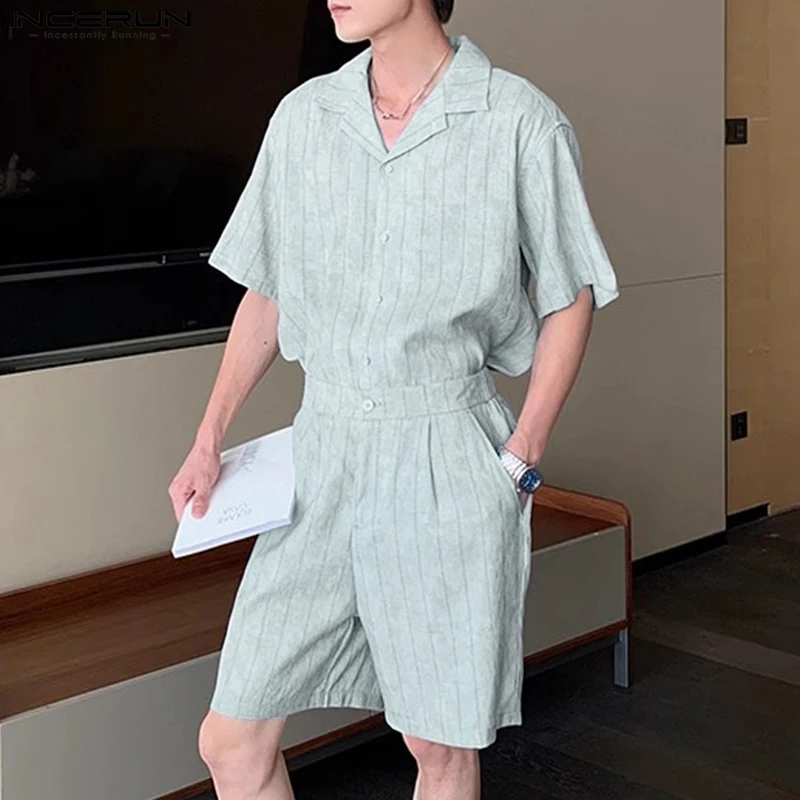 

Men Striped Sets Summer Oversize Lapel Short Sleeve Shirt & Shorts Two Pieces Sets Streetwear 2025 Fashion Men's Suits INCERUN