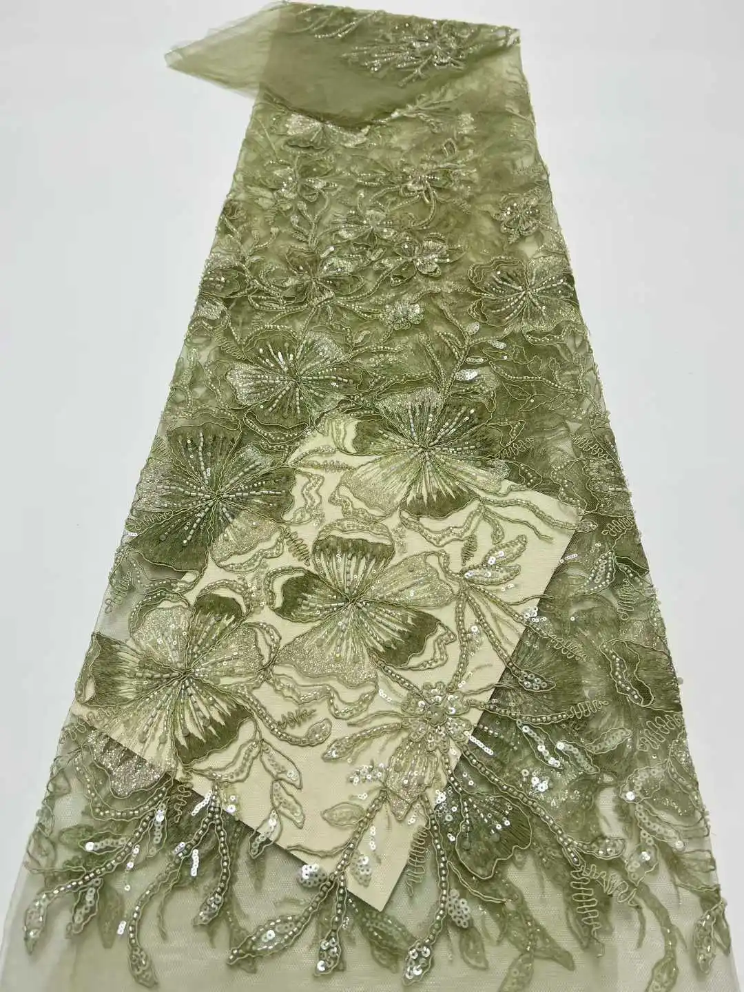 Green African Lace Fabric 2026 High Quality French Beaded Luxury Tulle Lace Nigerian Sequins Net Lace Fabric For Wedding Dress