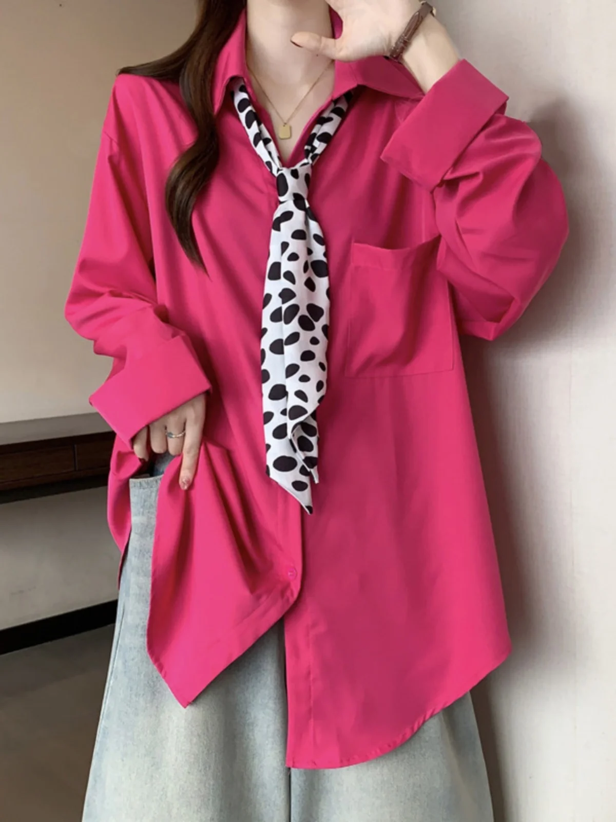 

Zebra Print Midi Shirt Women's plus Size Pink Shoulder Commute Style Korean Loose Fit Long Sleeve Collar Spring New