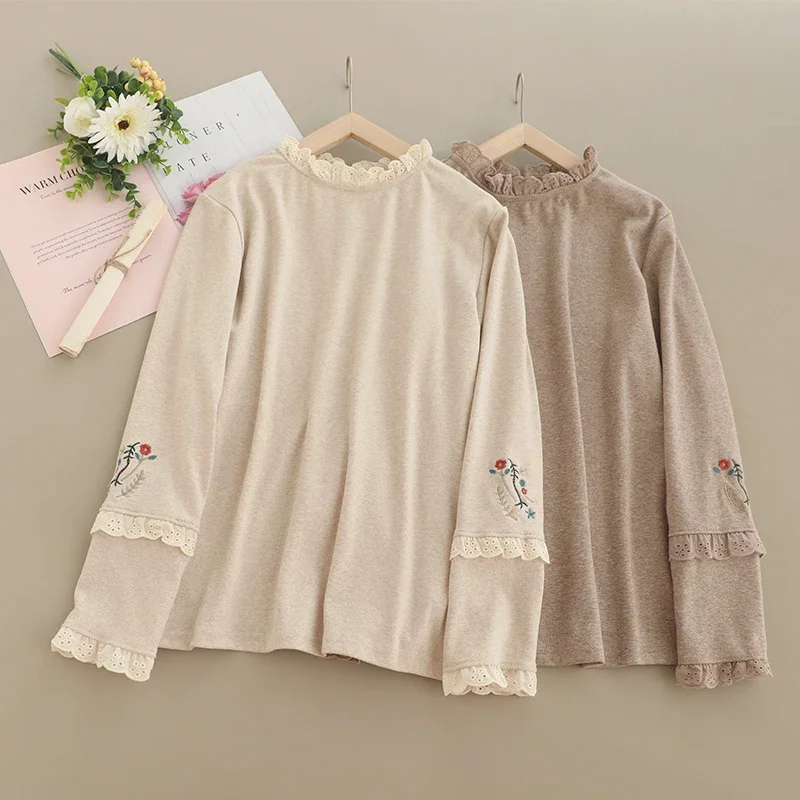 

Spring Sweet Mori Girl Ruffles Collar Floral Embroidery Base Slim T-shirt Women Long Sleeve Casual Tops