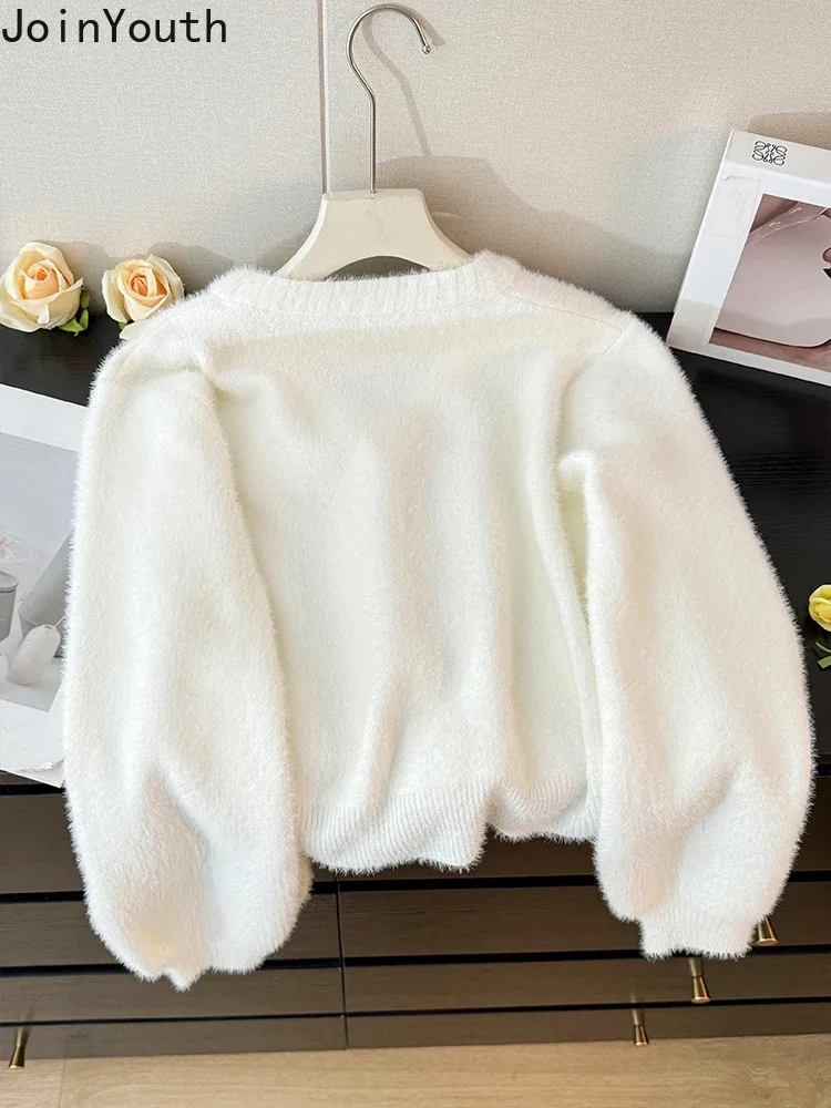 Pink Knitted Sweater Jackets Women Clothing Sueter Mujer V-neck Bow Sweet Pull Femme Fashion Korean Cropped Cardigan Tops 27z085