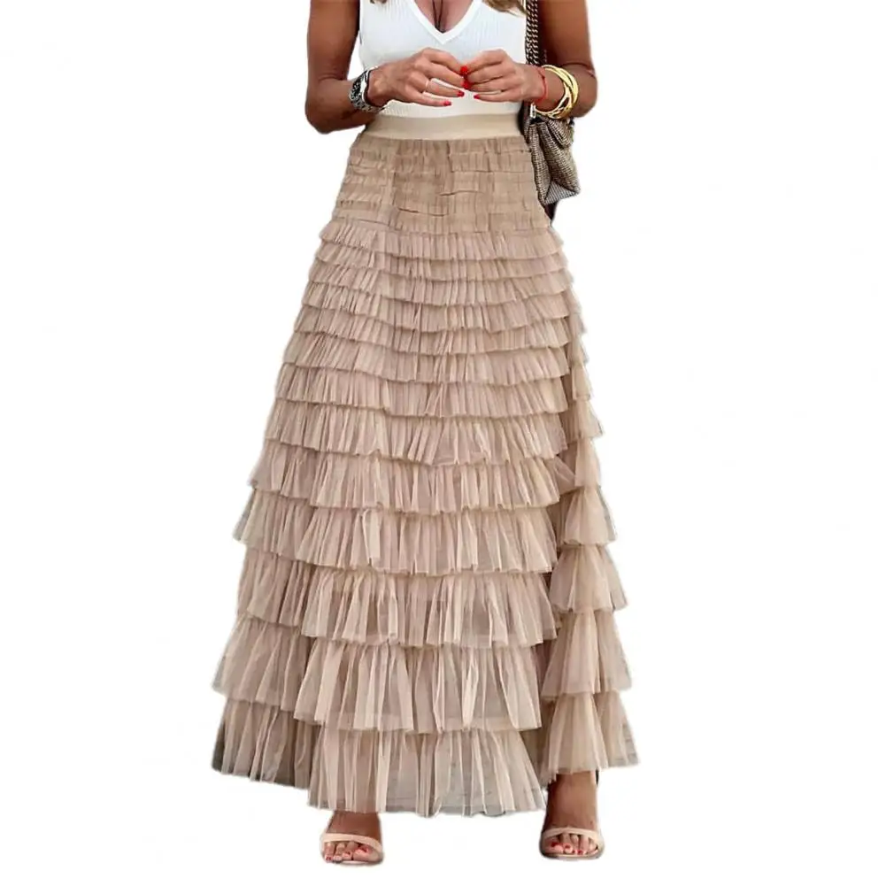 

High-Waist Elastic Waist Maxi Skirt A-Line Ankle Length Loose Elegant Solid Color Cake Party Skirt Streetwear