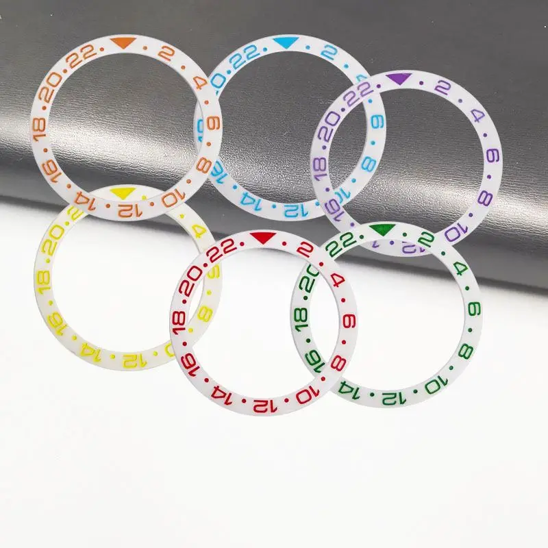 الأبيض السيراميك 38 مللي متر * 30.5 مللي متر ساعة اكسسوارات المنحدر ساعة الحافة الدائري GMT 2-22 أحمر أخضر أزرق عدد إدراج مائل ساعة الحافة #2