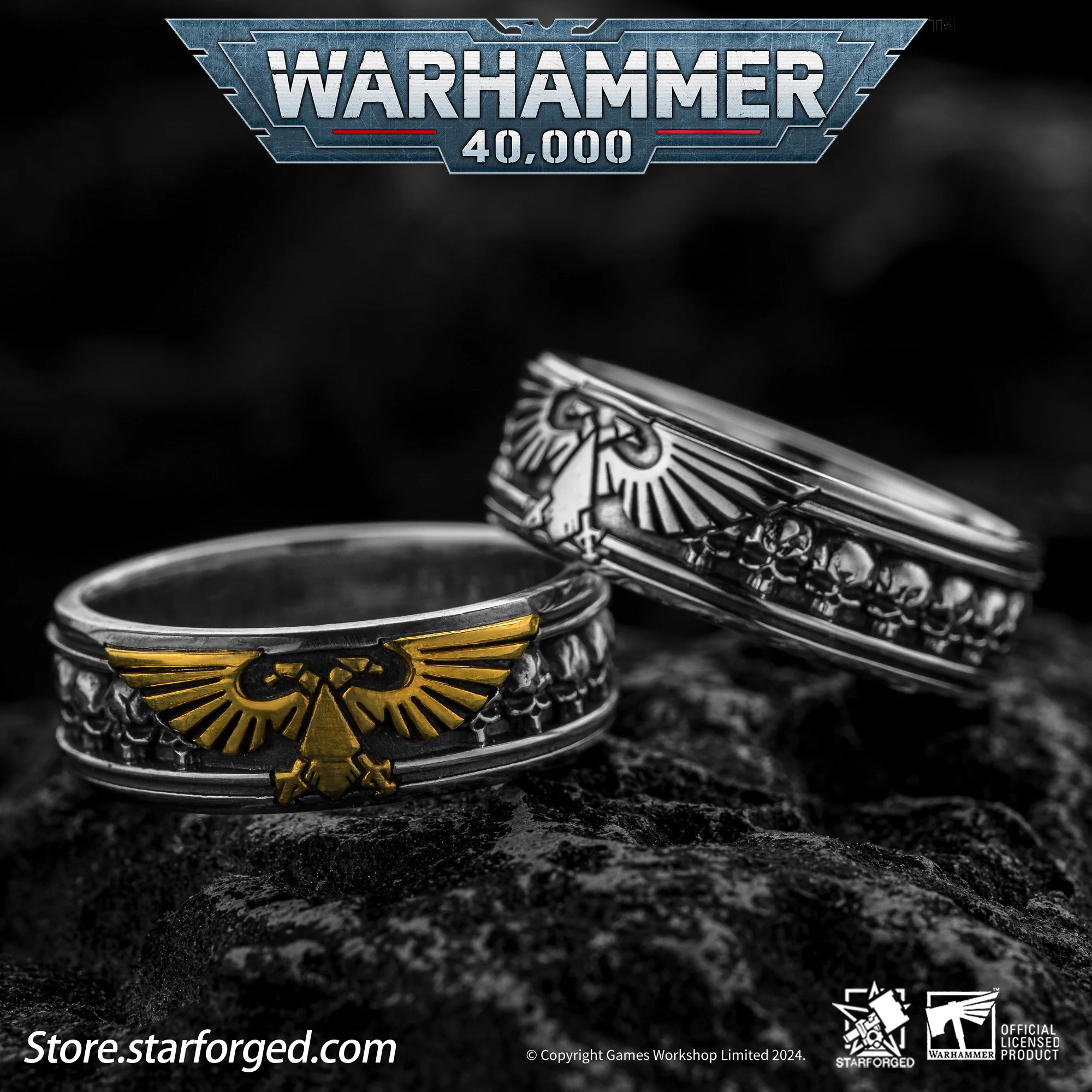 Warhammer 40K Imperium of Man Aquila Ring Double-headed Eagle Game Derivative 950 Silver 24K Gold Exclusive Decoration