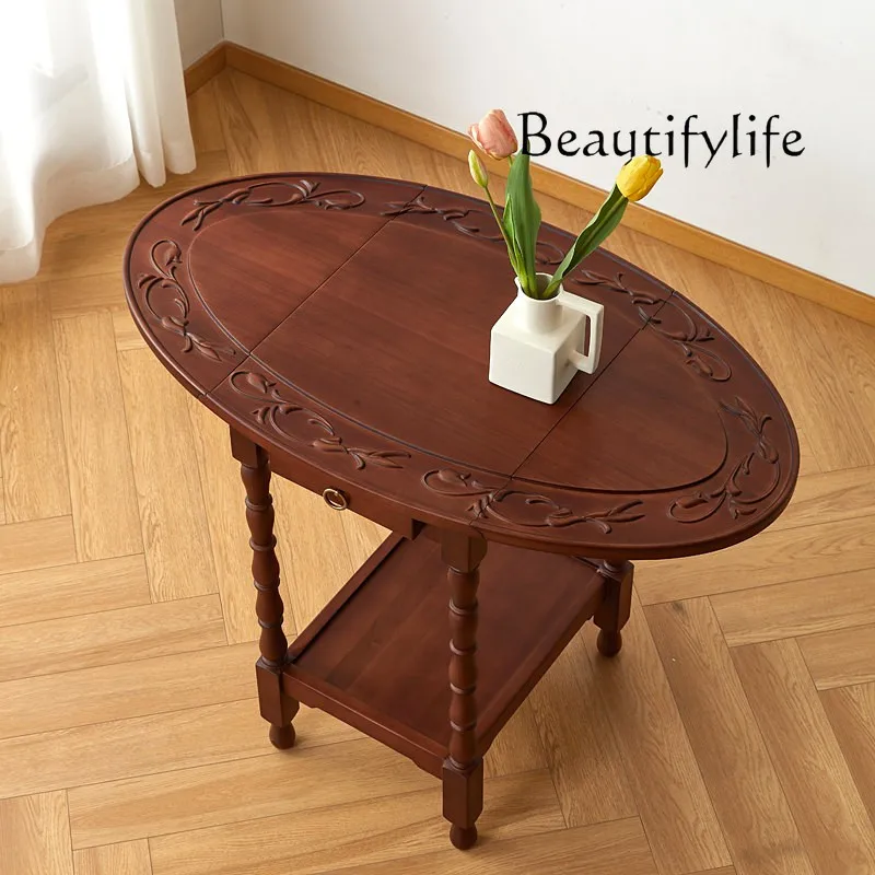 American Style Antique Carved Side Table Foldable Solid Wood Tea Table