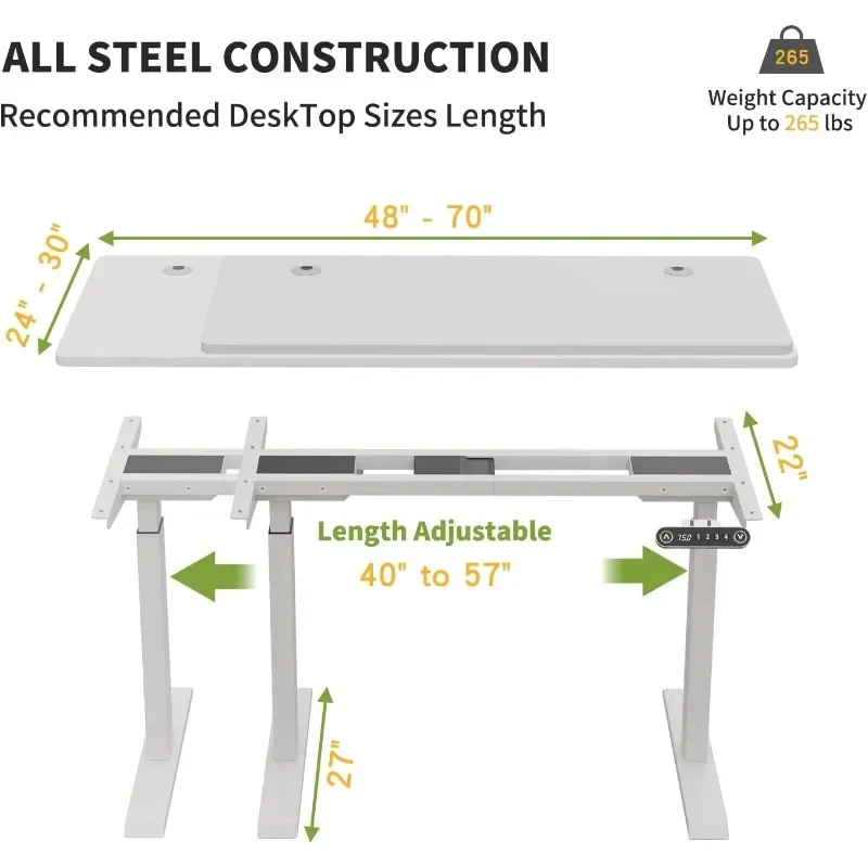 Dual Motor Height Adjustable Standing Frame,Adjustable Legs for 48'' to 70'' Desk Tops,Home Office Sit Stand Desk Base