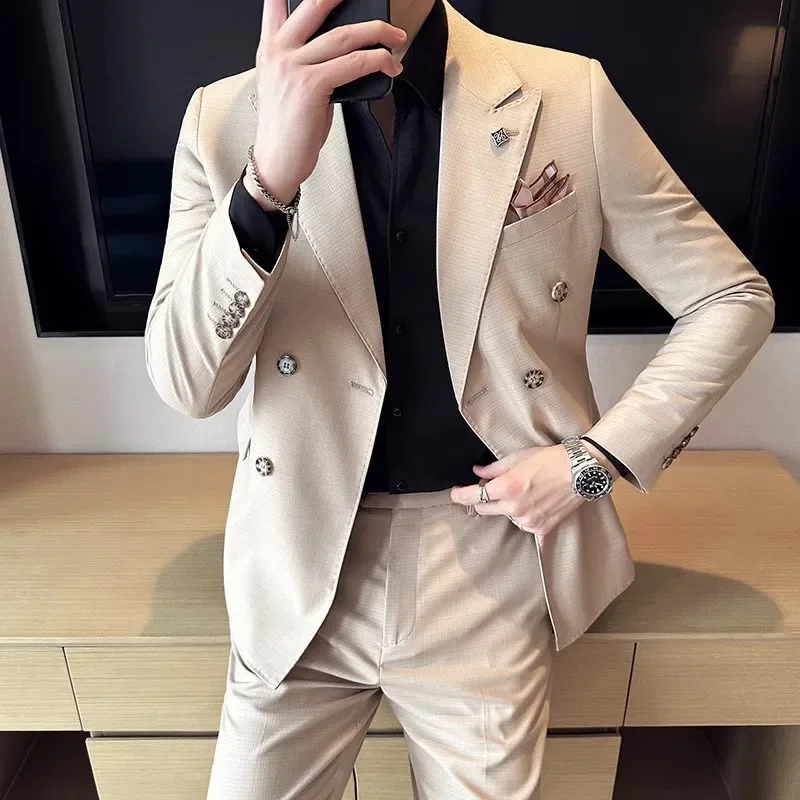 

2023 Fashion New Men Boutique Double Breasted Plaid Slim Business Wedding Suit Pants2 Pcs Set Dress Blazers Jacket Trousers