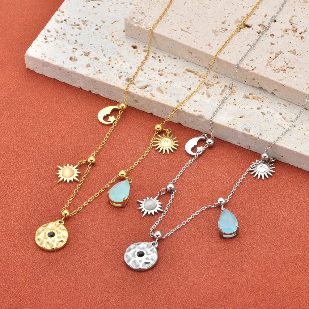 JeeMango Sonne Mond Stern Anhänger Damen Halskette Blauer Zirkon Anhänger Halskette Edelstahl Strand Schmuck 2026 Trend Geschenk N26008
