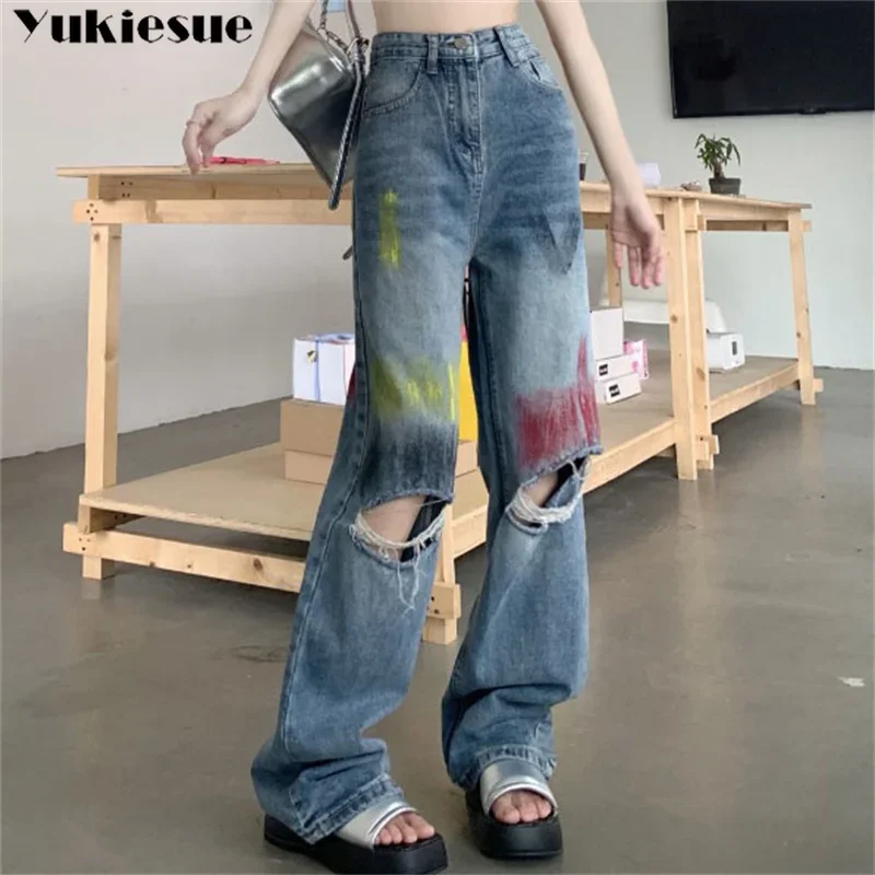 Women's Jeans 2023 Summer New Style Street Hip-hop Loose Straight Wide Leg Pants Painted Hole Distressed Design Denim Pants
