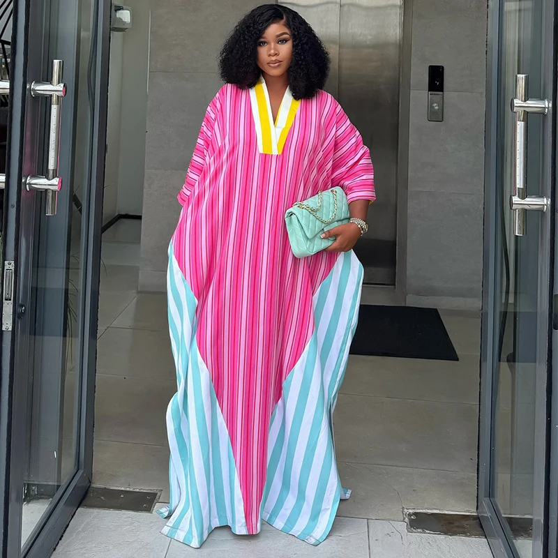 Neue Afrikanische Mode Damen Langes Loses Kleid Gestreift Bedruckt V-Ausschnitt Patchwork Fledermausärmel Robe