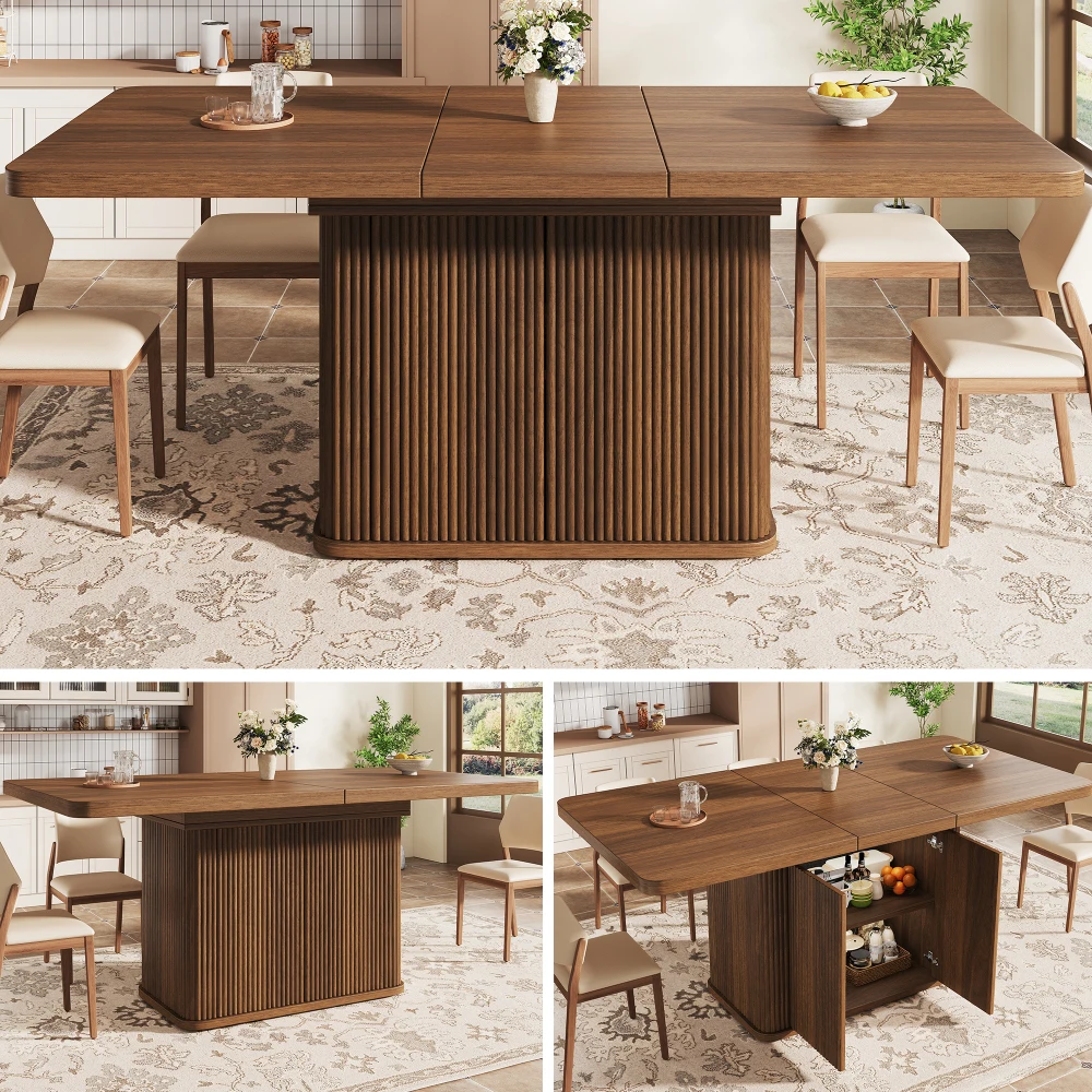 Tavolo da pranzo multifunzionale con vano contenitore nascosto, piano allungabile, design con listelli verticali, da 140 a 180 cm, finitura effetto legno marrone scuro, ideale per cucina, sala da