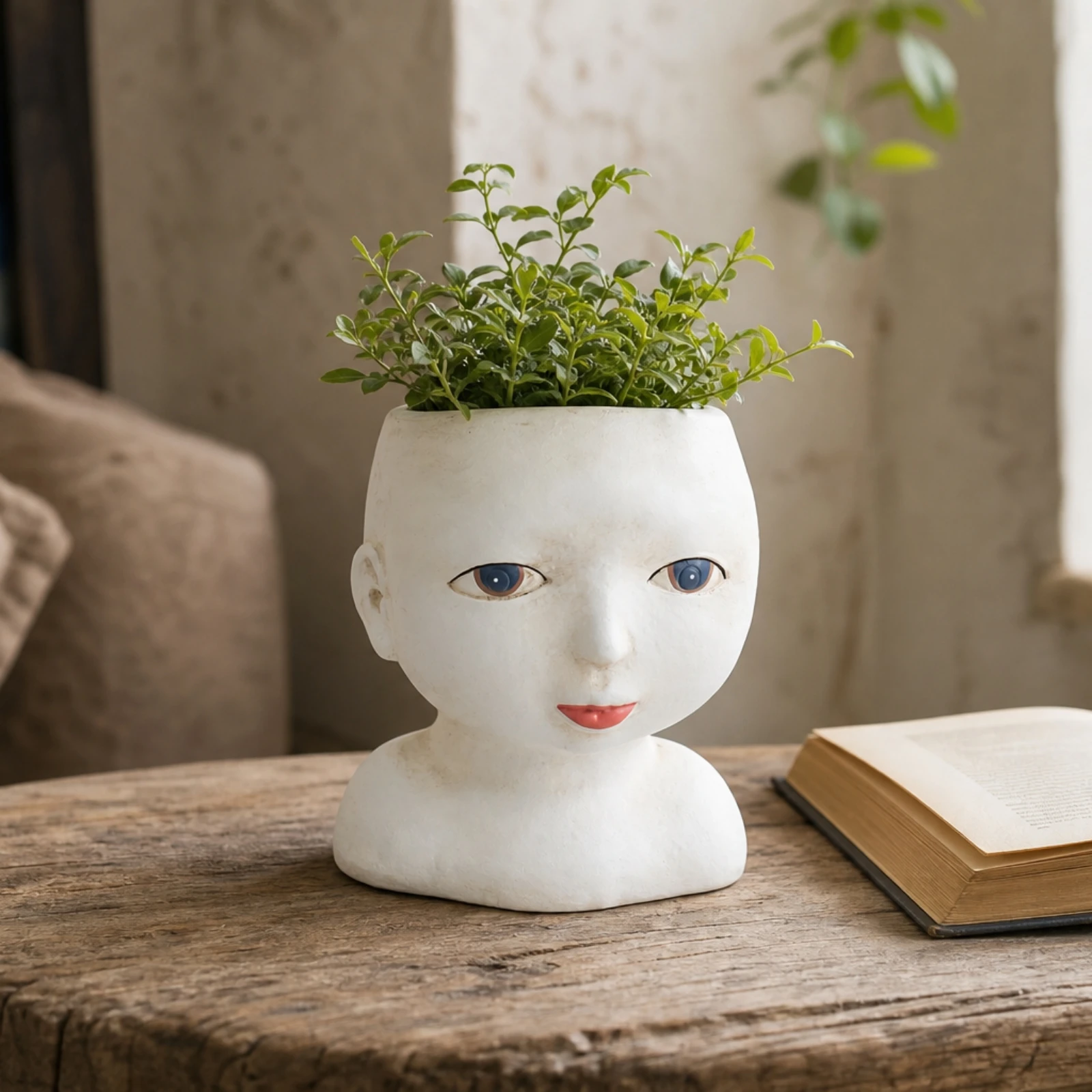 Face Planter Decorative Bust Planter Face Flower Pot Hand-Painted Statue Vintage for Desk, Bookshelf