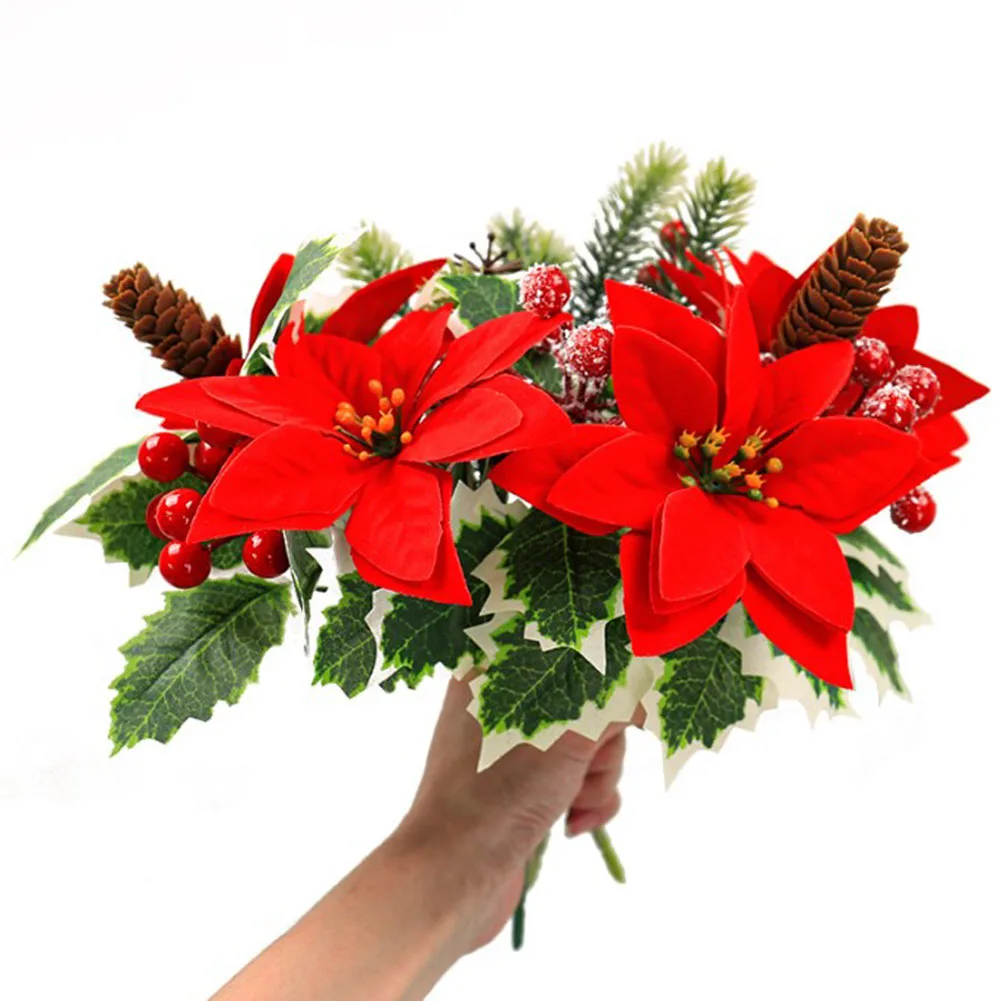 

5 шт., рождественские стебли пуансеттии, красный искусственный букет для праздничных центральных элементов и украшений для дома, рождественские принадлежности, Новый год