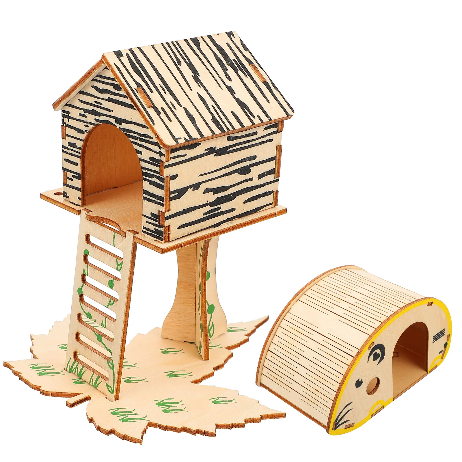 2 Pcs Hamster House Plaything Climbing Frame Toy Chinchilla Wooden Villa Cabin Hide Place Pet Accessory