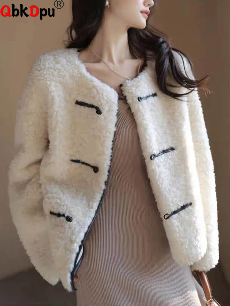 Casacos soltos grossos de pele sintética moda coreana o pescoço único breasted jaquetas femininas elegantes manga longa lã de cordeiro chaquetas novo