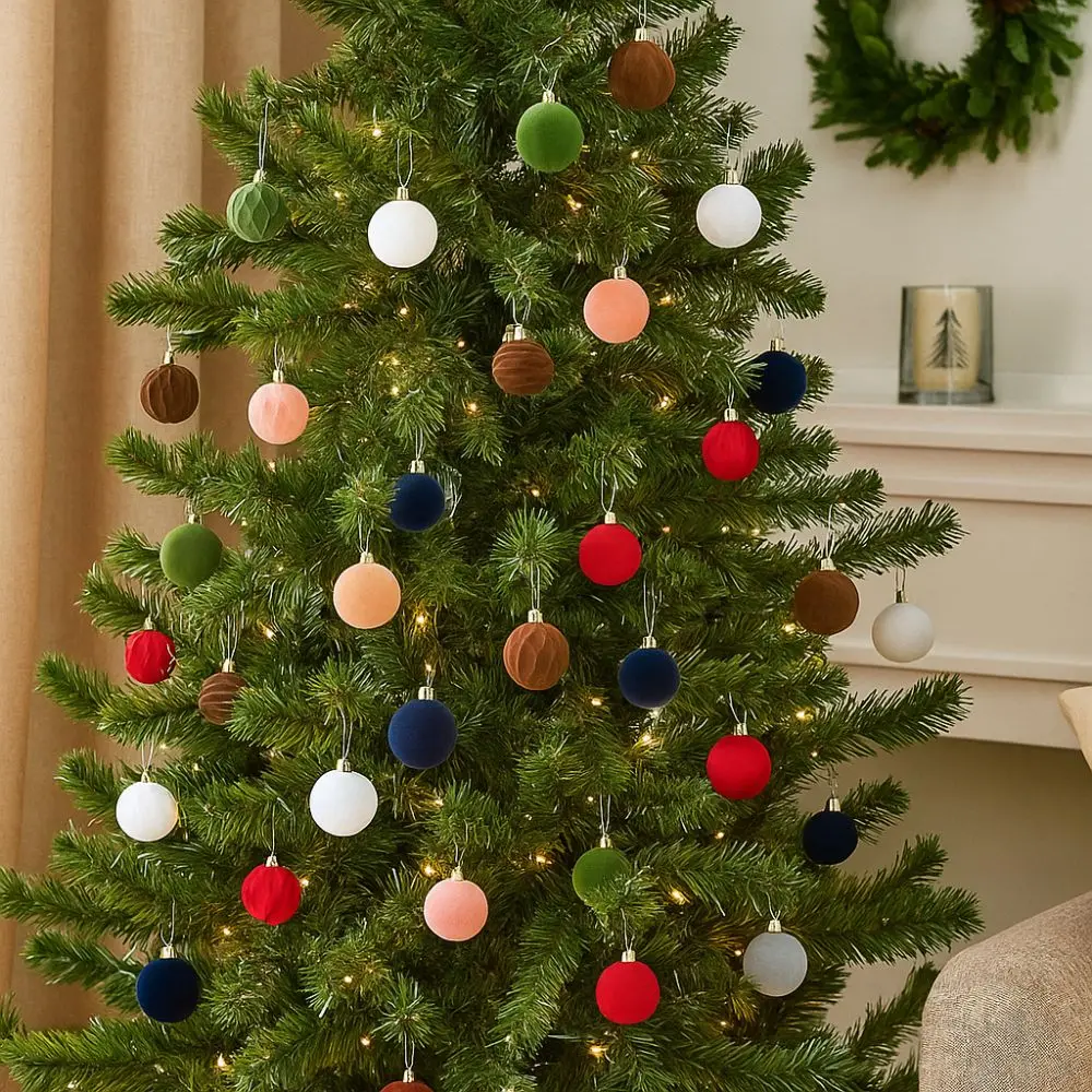 

12pcs 6cm Christmas Tree Ball Pendant Flocked Solid Color Flocking Ball Hanging Ornament Shatterproof Xmas Tree Ornaments