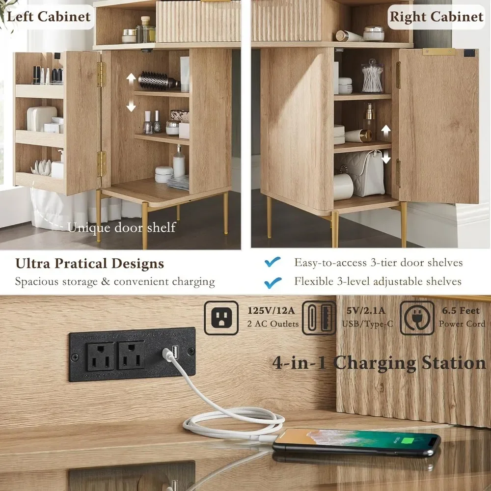 Meja Rias Rias Seruling 48'' dengan Cermin dan Lampu Tiga HD, Meja Rias Sudut Berlampu Besar dengan Bagian Atas Kaca, Meja Rias Modern