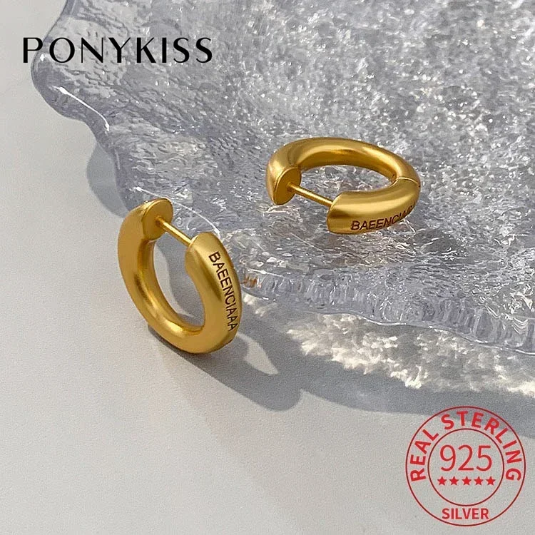 PONYKISS Real 925 Sterling Silver Needle Frosted Geometric Round Hoop Earrings for Women Fashion Jewelry Minimalist Accessories