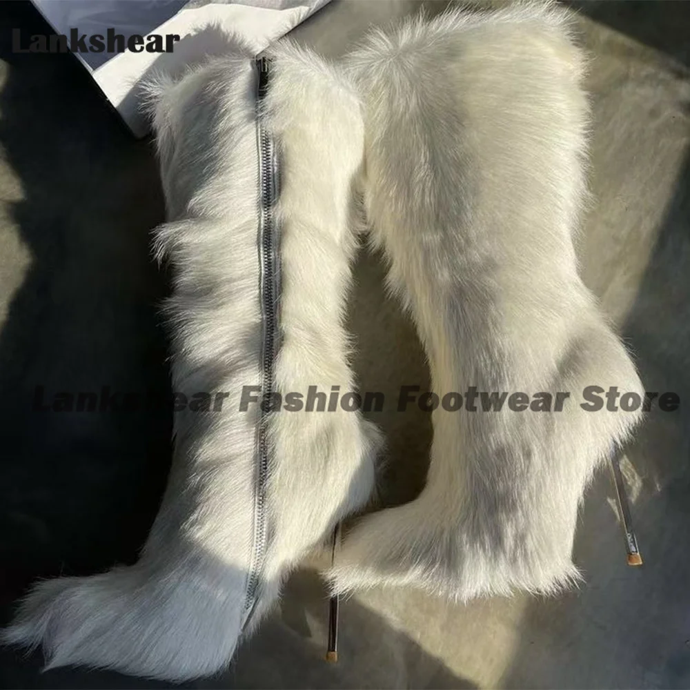 

White Fur High Boots Women Metal Stiletto Heel Booties Winter Warm Pointy Toe Ladies Botas Big Size Winter Female Fluff Shoes