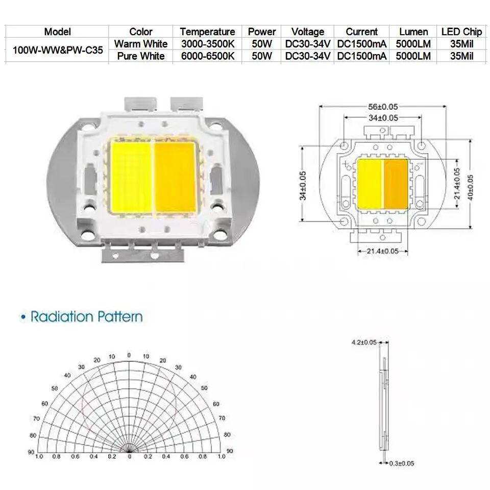 High Brightness 100W Two-color LED Integrated Bulb Chip White Warm White Dual Color Light Beads SpotLight Floodlight Dance Lamp