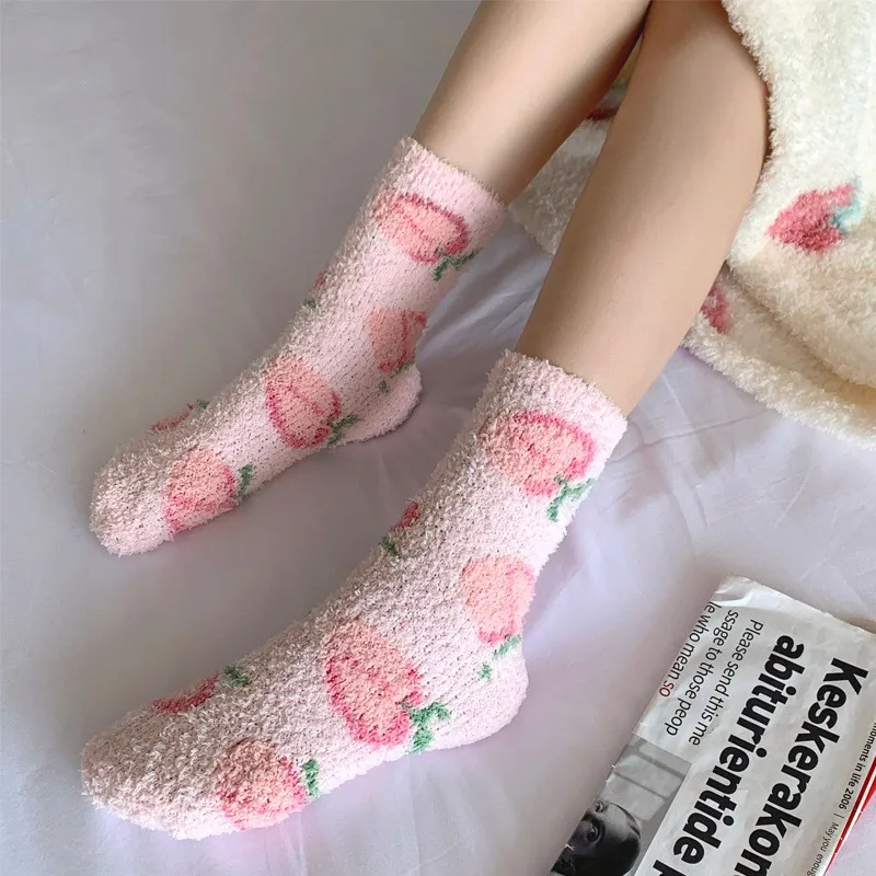 Woman Winter Autumn Plush Socks Girls Sweet Fruit Print Thick Sock