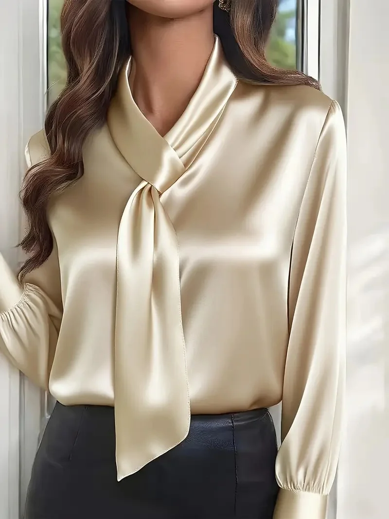 Autumn solid colour fashion design sense streamer long-sleeved shirt women's clothing