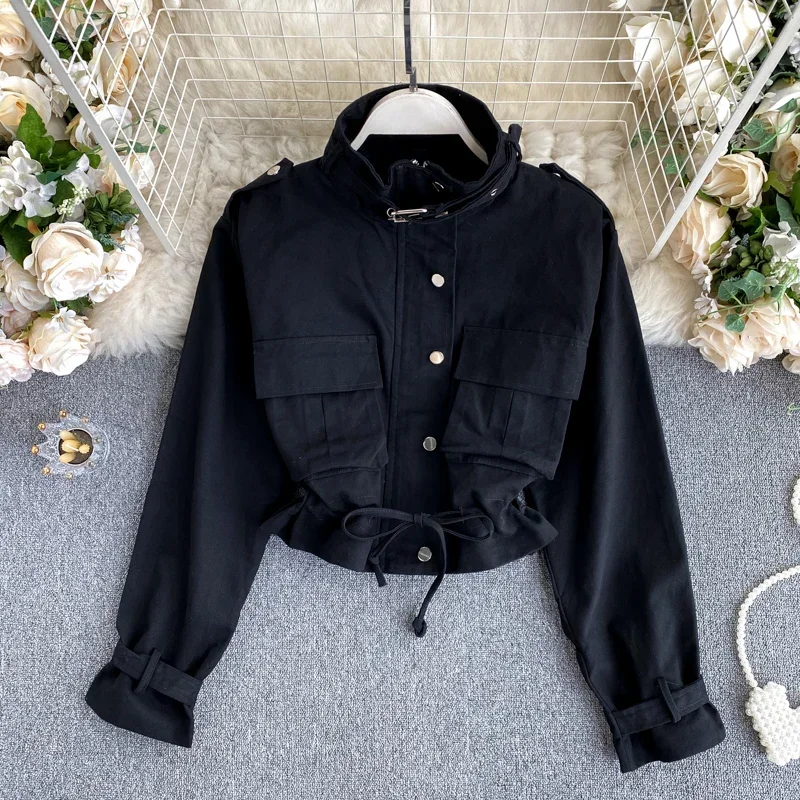 

New Fashion Spring Autumn Women's Jacket Solid Safari Style Turn Down Collar Full Sleeve All Match Short Coat with Pockets