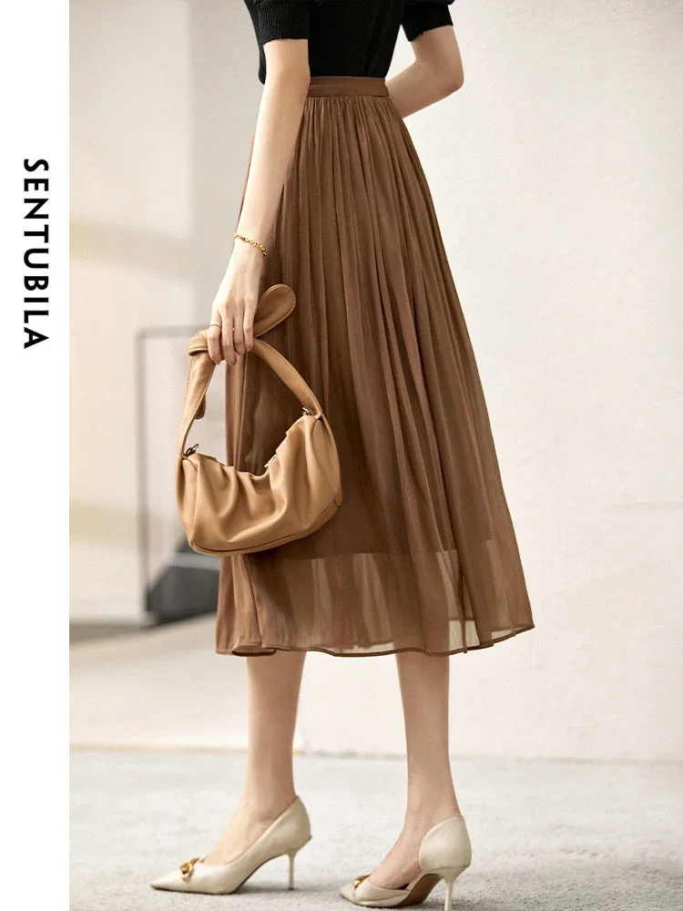 SENTUBILA Pleated-detail Skirt for Women 2024 Autumn Elastic Waist A Line Solid Simple Comfot Women Long Skirt 141Q55698X