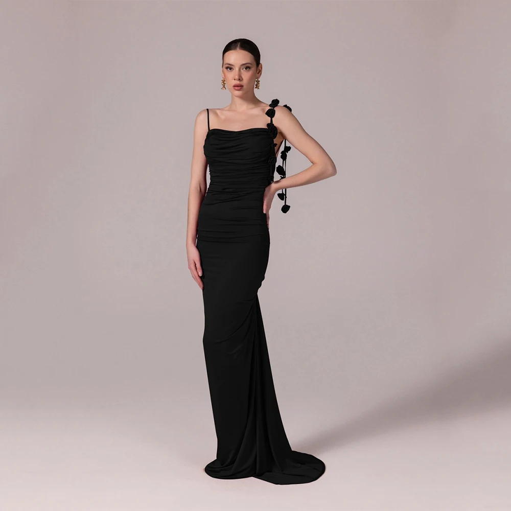 

Customized Matching Jersey Handmade Flower Pleat Straight Spaghetti strap Long Dresses Bespoke Occasion Dresses Sizes Available