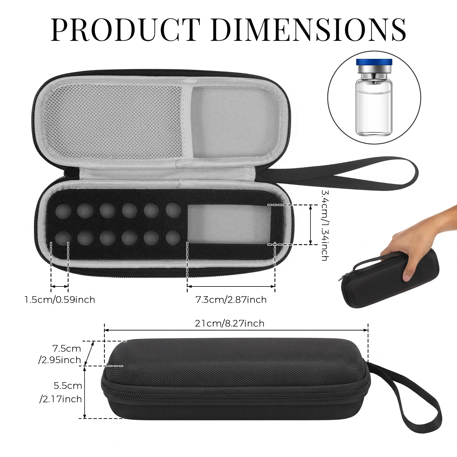 Insulin Vial Protector Case 12 Vial Organiser Hard Shell Travel Case Foam Slots Mesh Pocket Fridge Storage Medicine Organiser
