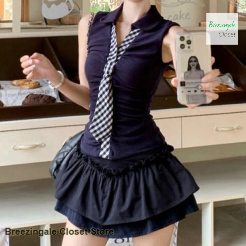 Korean college wind spice girl sexy suit women's summer new fashion plaid tie coat wooden ear leisure overskirt two-piece suit