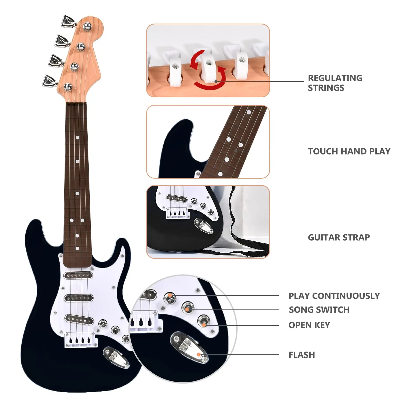 17インチ子供用エレキギターおもちゃ、4弦、LEDライト＆音楽付き、USB充電式楽器ギフト、男の子女の子向け3～8歳