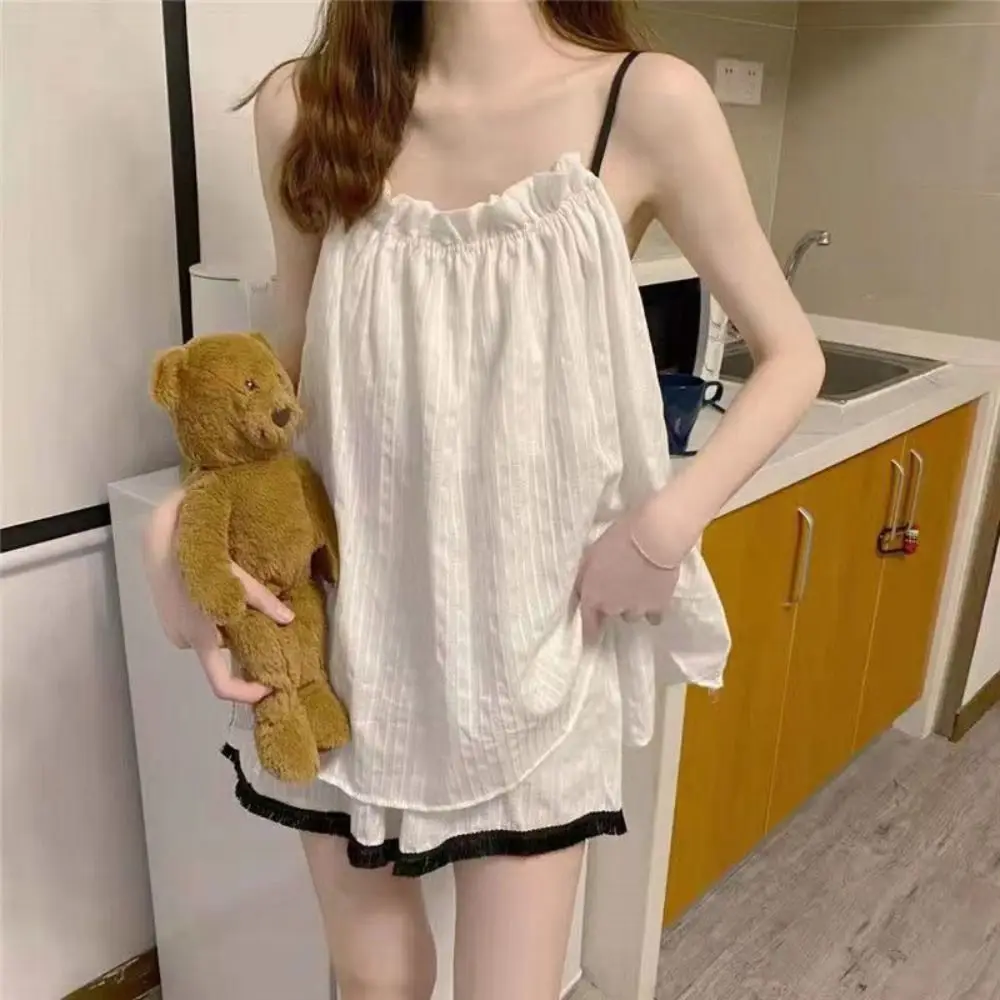 

Ruffle Suspender Top Shorts Sleepwear Square Neck Sleeveless Shorts Suspender Pajama Set Loose Tank Top