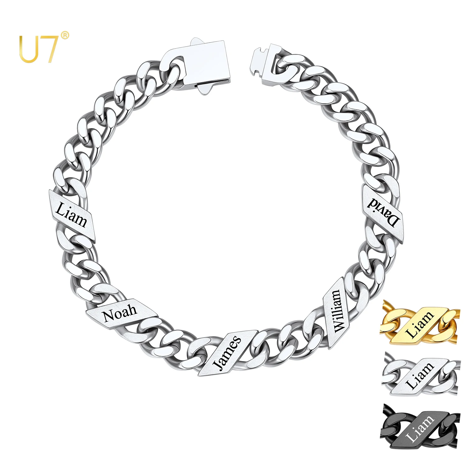U7 Custom 1-6 Names 7/9/12mm Thick Cuban Bracelets for Man 19/21/23cm Stainless Steel Beads Names Bracelets Jewelry Gift for Him