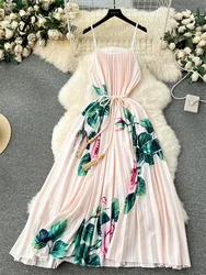 Women Printed Pleated Dress Summer Sleeveess Loose A-line Oversized Party Dresses Ladies Casual Party Long Robe belt Vestidos