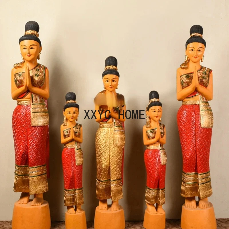 CXH Wood Carving Thai Restaurant Welcome Female Hallway Doll Soft Decorative Ornaments