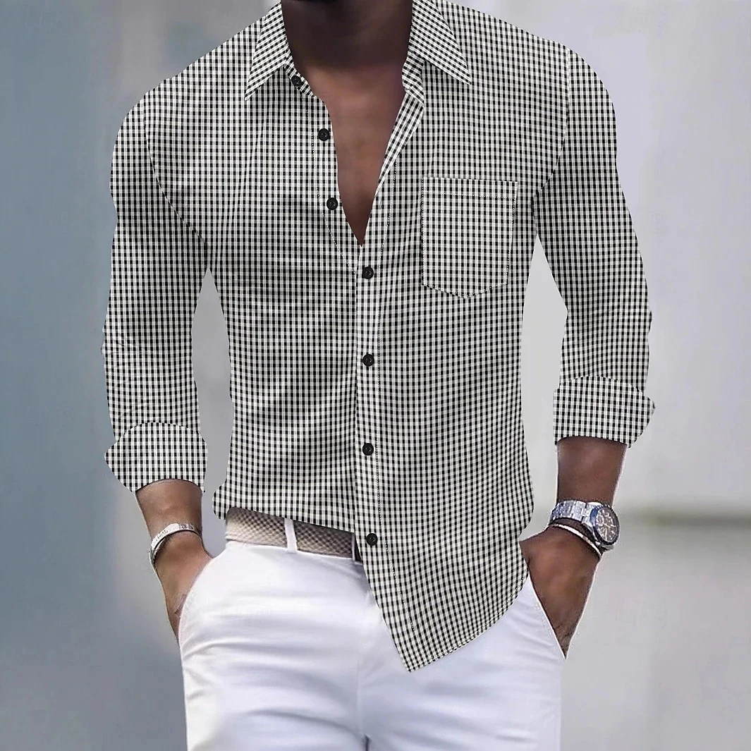 Men's fashion classic checkered shirt long sleeved lapel button up shirt business casual street comfortable shirt fast delivery
