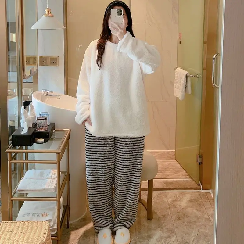 Striped Sleepwear Women Pajama Sets Fleece Korean Piiama Winter Night Wears Long Sleeve Home Suit Warm Casual Sets 2 Pieces New