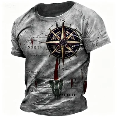 Summer Men's Retro Nautical Map T-shirt Breathable Multifunctional Niche Travel Top