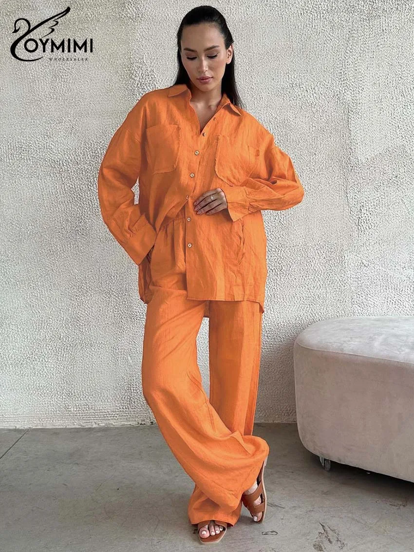 

Oymimi Casual Orange Cotton Two Piece Outfits Woman Fashion Long Sleeve Pockets Button Shirts And Drawstring Straight Pants Sets