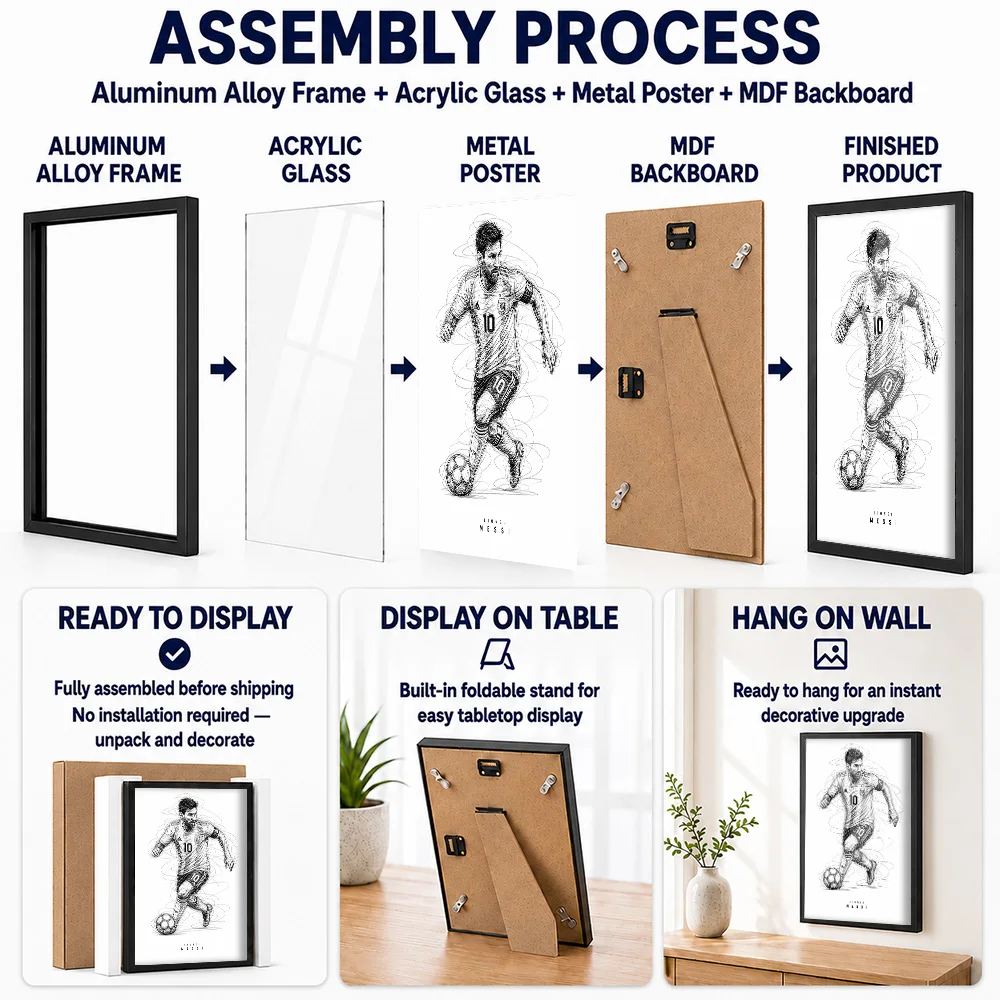 Lionel Messi Portrait Framed Aluminum Metal Poster Personalized Scribble Drawing Wall Art For Home Office, Football Fan Gift