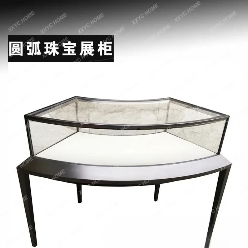A Fan shaped jewelry display cabinet, black titanium stainless steel display cabinet, gold watch, jade glass display counter