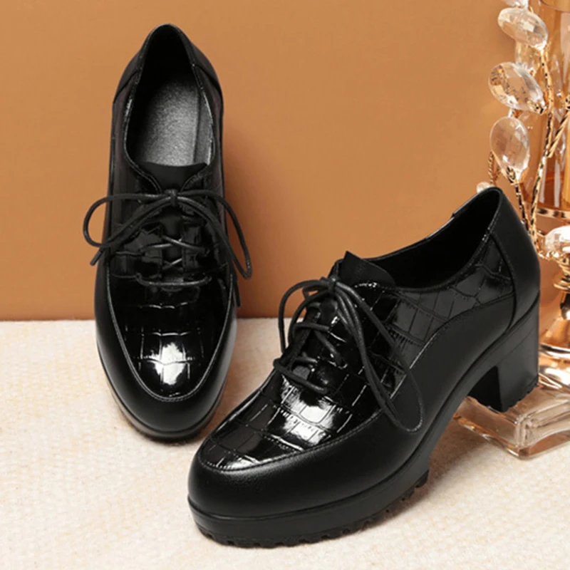 Deep Mouth Soft Leather Shoes Women Oxfords Platform Pumps High Heels Shoes Black Lace up Office Work Pumps Shoes