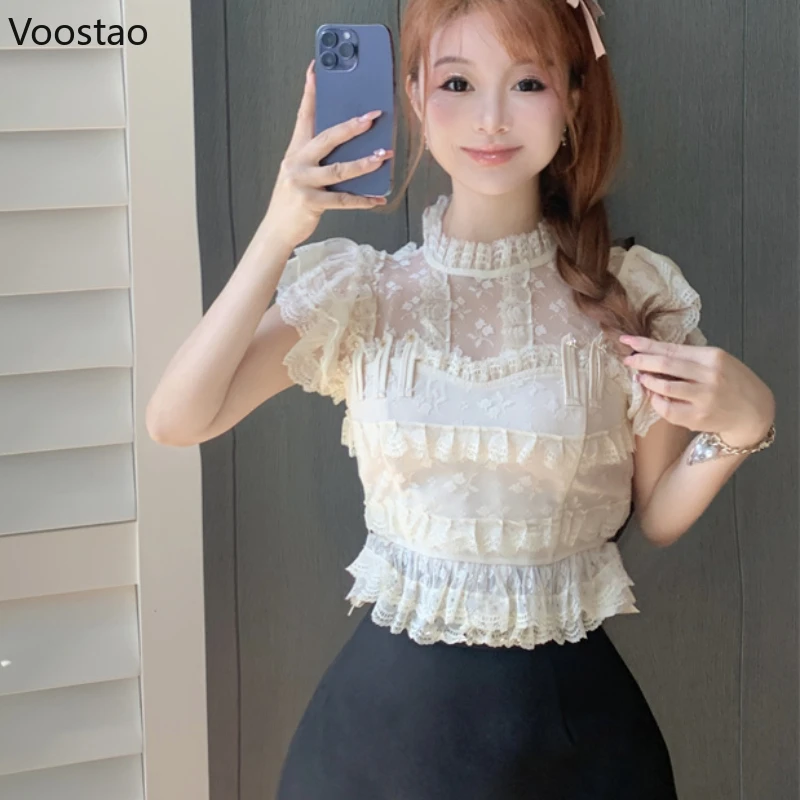 Summer Sweet Lace Mesh Blouse Women Elegant Cute Flying Sleeve Ruffles Lace-Up Shirt Korean Girls Kawaii Slim Clothes Tops 2023