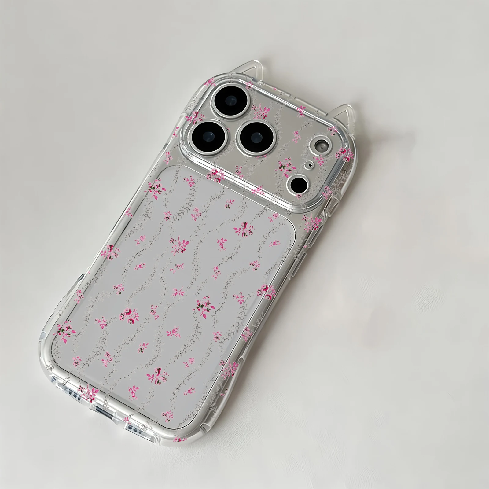 Coque de téléphone rose à petits motifs floraux pour iPhone Air 17 Pro Max 16 Plus 15 14 13 12 11 Pro Max, avec oreilles de chat, coque arrière souple