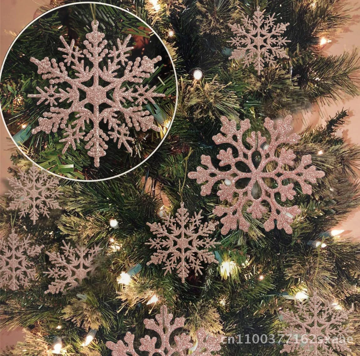 46 Uds. Adornos de copos de nieve brillantes, decoraciones para árboles de Navidad, accesorios de plástico para puertas y ventanas en luz blanca, plateada, rosa y dorada