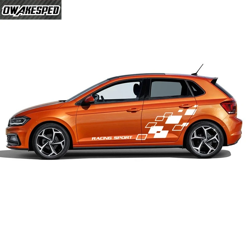 

4pcs Racing Lattices Graphics Sticker Car Door Side Decor Vinyl Decals For Volkswagen POLO GOLF T-ROC CC Auto Body Sport Stripes